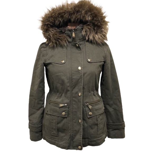 MICHAEL Michael Kors Military Jacket Size XSP XS Petite Army Green Fur Hooded - Picture 1 of 11